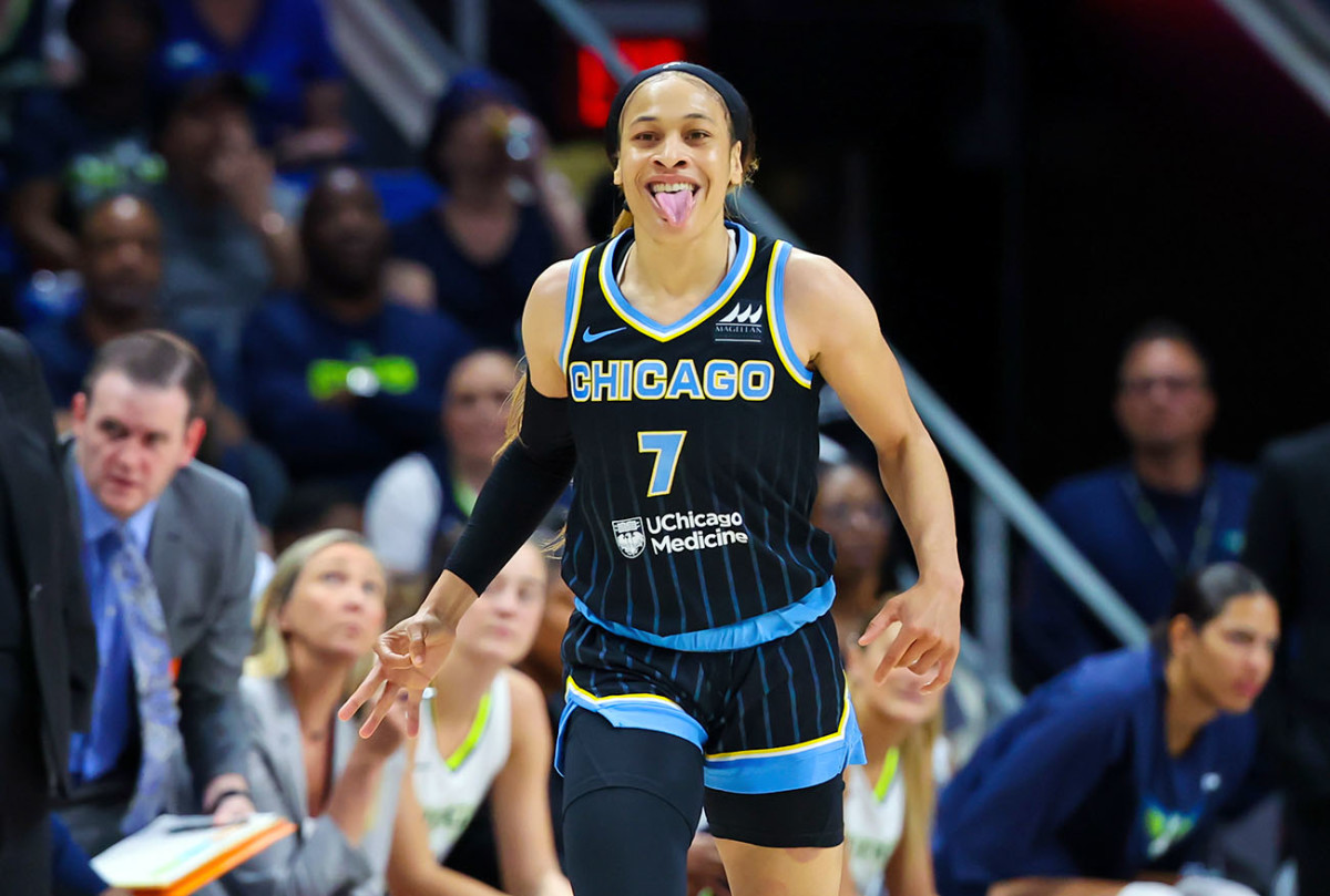 May 15, 2024; Arlington, Texas, USA; Chicago Sky guard Chennedy Carter (7) reacts during the first quarter against the Dallas Wings at College Park Center.