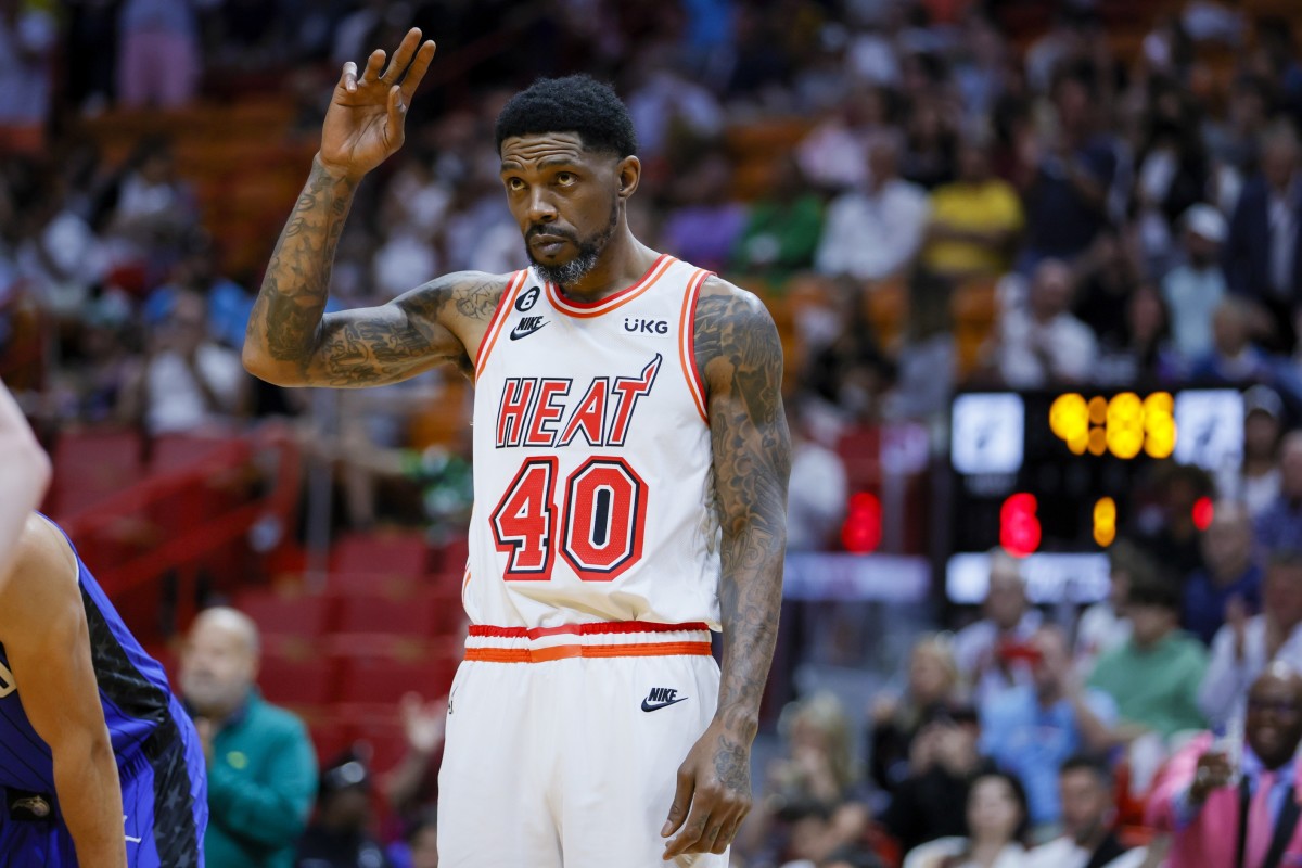 Miami Heat forward Udonis Haslem (40) reacts after entering the game during the first quarter at the Kaseya Center.