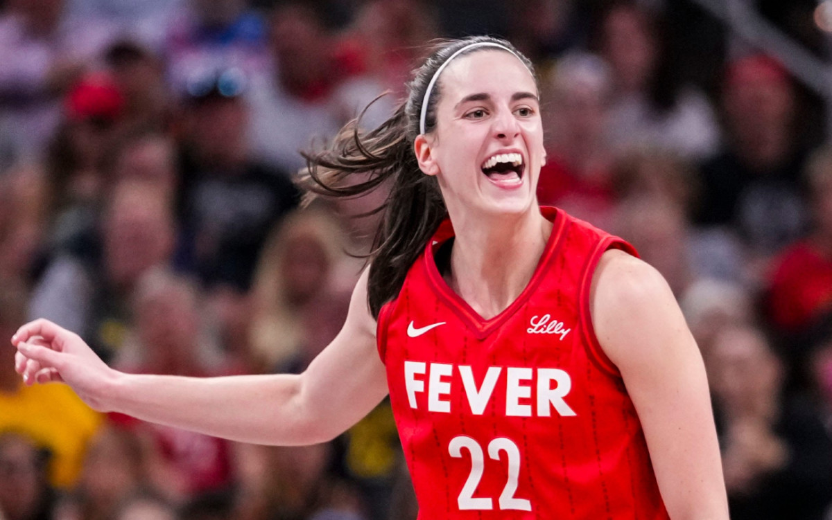 Indiana Fever guard Caitlin Clark reacts during the game at Gainbridge Fieldhouse on August 16, 2024.