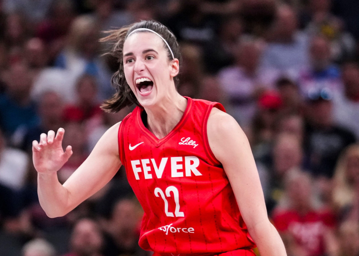 Indiana Fever guard Caitlin Clark reacts during the game at Gainbridge Fieldhouse on August 16, 2024,