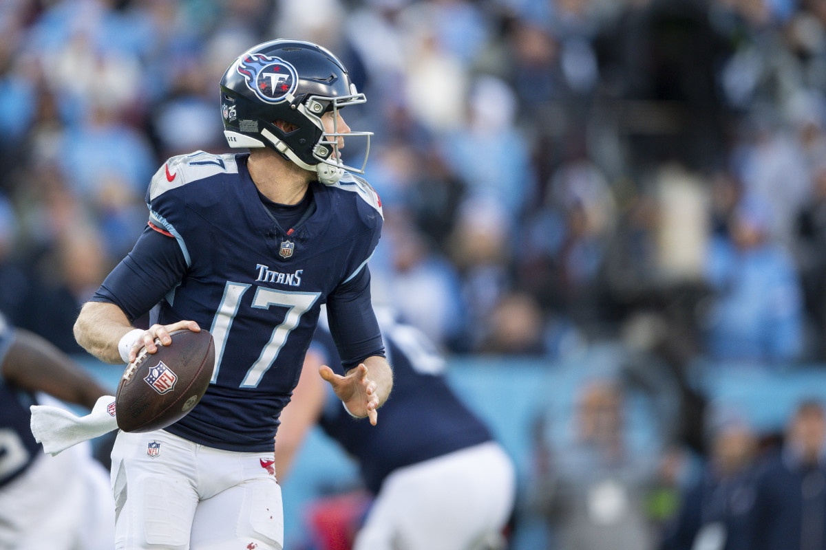 Jan 7, 2024; Nashville, Tennessee, USA; Tennessee Titans quarterback Ryan Tannehill (17) rolls out against the Jacksonville Jaguars during the second half at Nissan Stadium.