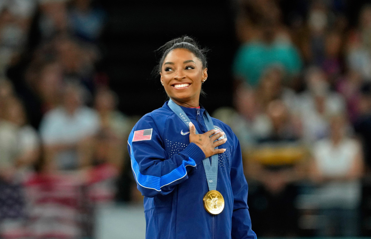 U.S. gymnast Simone Biles during the medal ceremony for the vault at the Paris 2024 Olympics on August 3, 2024.