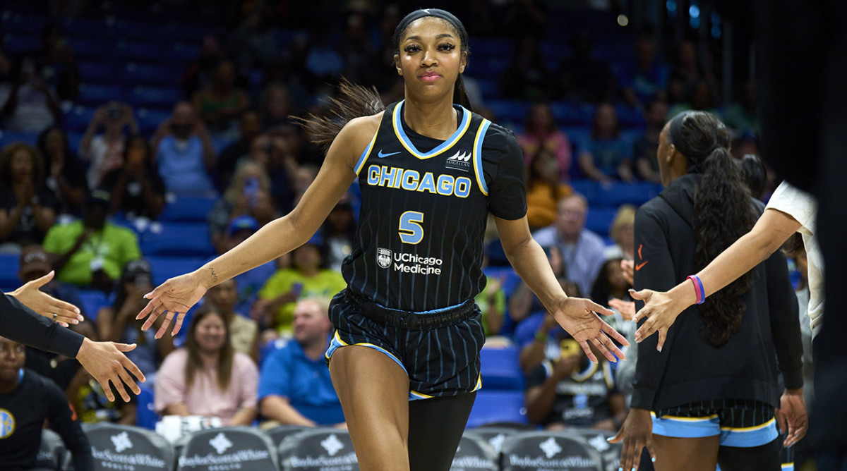 Chicago Sky forward Angel Reese is introduced before her team’s game against the Dallas Wings at College Park Center on May 15, 2024, in Arlington, Texas.