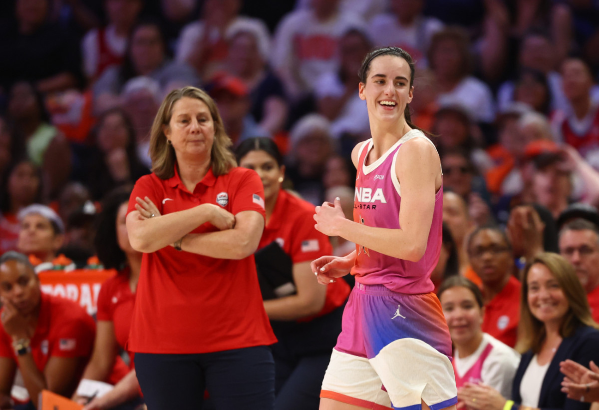 Fever guard Caitlin Clark (R) and USA Women's National Team head coach Cheryl Reeve during the 2024 WNBA All Star Game at Footprint Center on July 20, 2024.