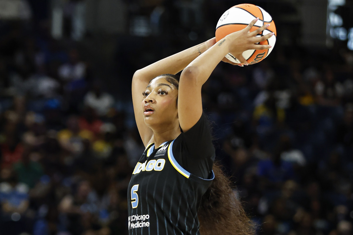 Chicago Sky forward Angel Reese looks to pass the ball against the Las Vegas Aces during the first half at Wintrust Arena.