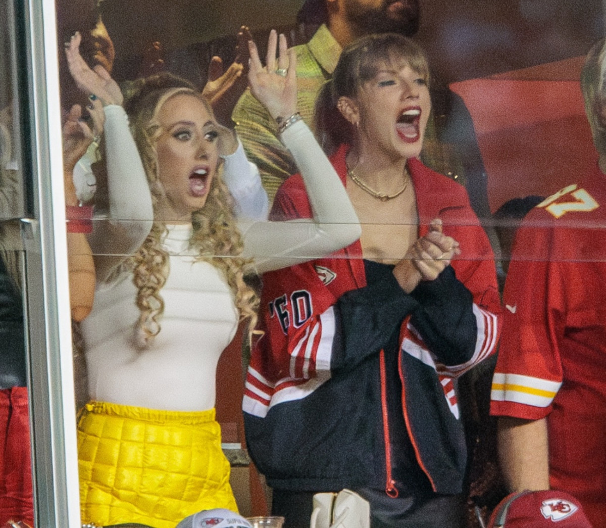 Taylor Swift (R) and Brittany Mahomes cheer on the Kansas City Chiefs at Arrowhead Stadium on October 12, 2023.