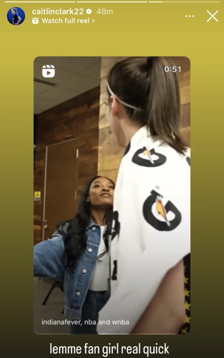 Indiana Fever guard Caitlin Clark with gymnast Simone Biles at Gainbridge Fieldhouse on August 28, 2024.