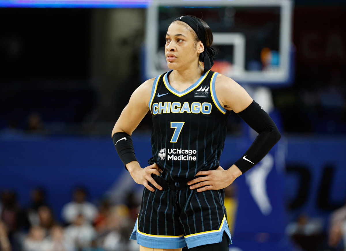 Chicago Sky guard Chennedy Carter looks on during the first half at Wintrust Arena on August 25, 2024.