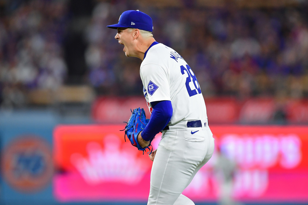 Aug 29, 2024; Los Angeles, California, USA; Los Angeles Dodgers pitcher Bobby Miller (28) reacts following the fourth inning against the Baltimore Orioles at Dodger Stadium.