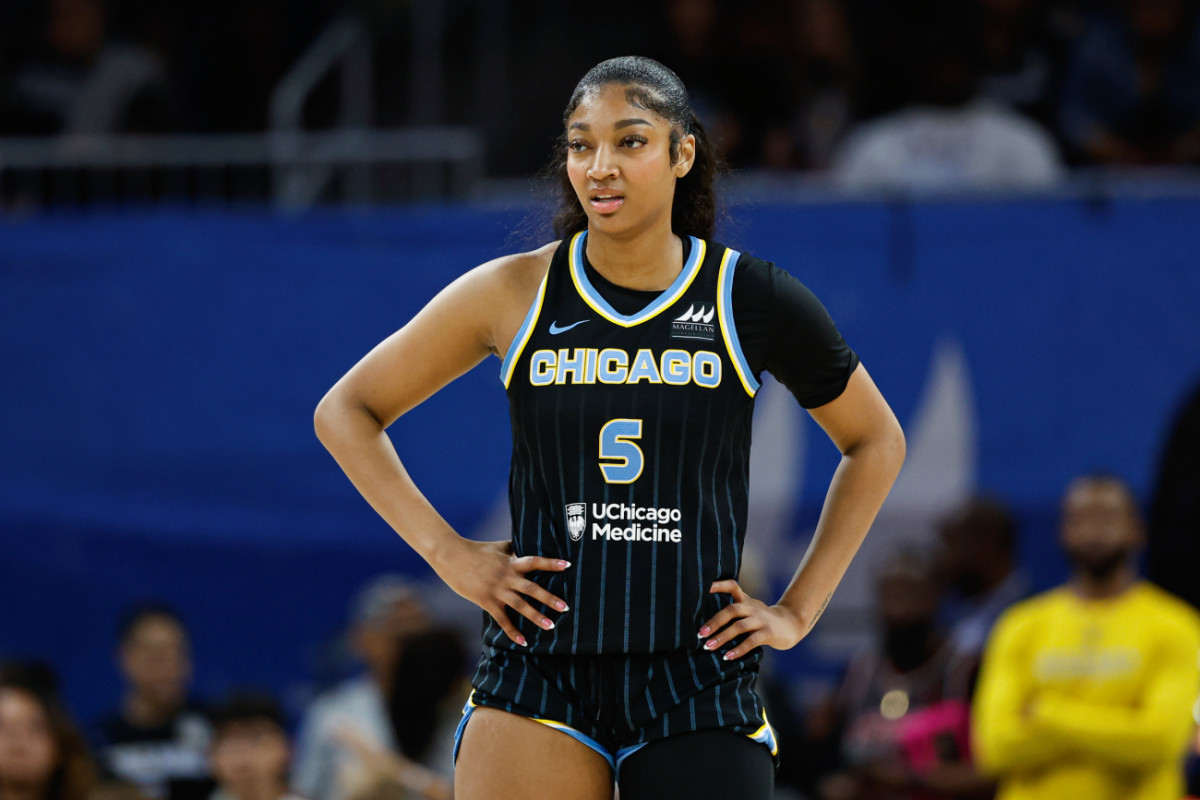 Chicago Sky forward Angel Reese (5) looks on during the first half of a basketball game against the Las Vegas Aces at Wintrust Arena.