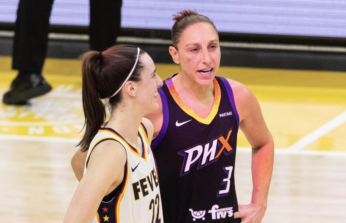 Indiana Fever guard Caitlin Clark (22) and Phoenix Mercury guard Diana Taurasi (3)