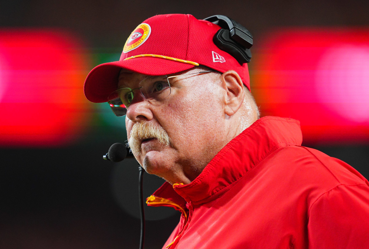 Sep 5, 2024; Kansas City, Missouri, USA; Kansas City Chiefs head coach Andy Reid () reacts during the first half against the Baltimore Ravens at GEHA Field at Arrowhead Stadium.