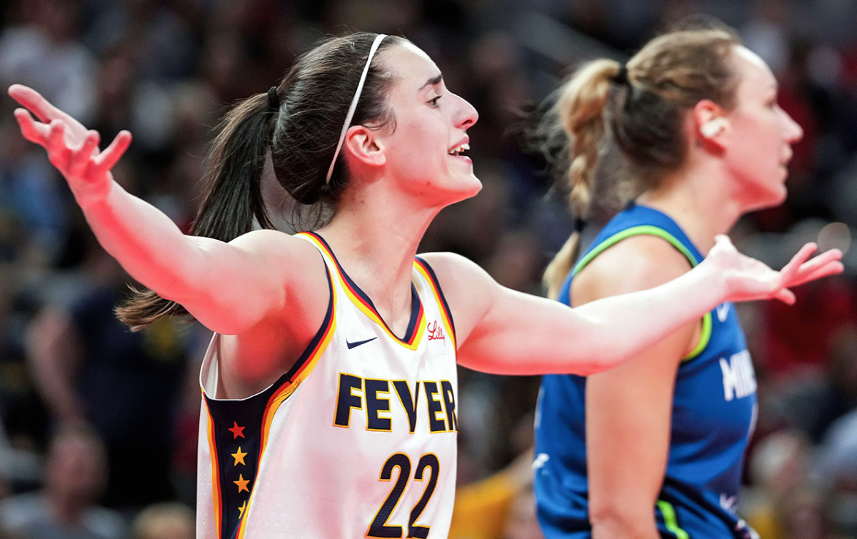 Indiana Fever guard Caitlin Clark (22) reacts to a call.