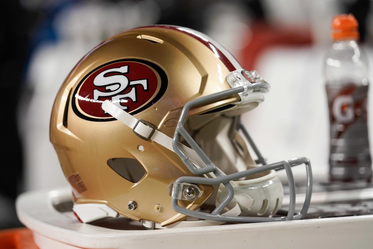 Nov 24, 2019; Santa Clara, CA, USA; General view of the helmet for the San Francisco 49ers in the game against the Green Bay Packers during the second quarter at Levi's Stadium.