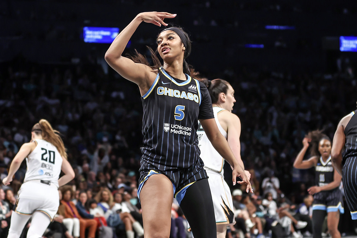 May 23, 2024; Brooklyn, New York, USA; Chicago Sky forward Angel Reese (5) gestures in the fourth quarter against the New York Liberty at Barclays Center.