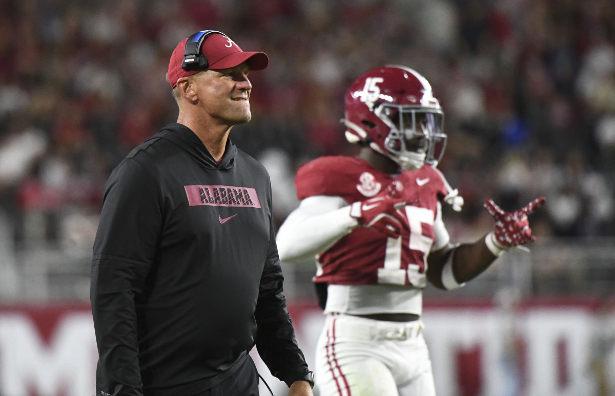 Alabama Crimson Tide head coach Kalen DeBoer watches as the Tide loses a fumble near the South Florida Bulls goal line.