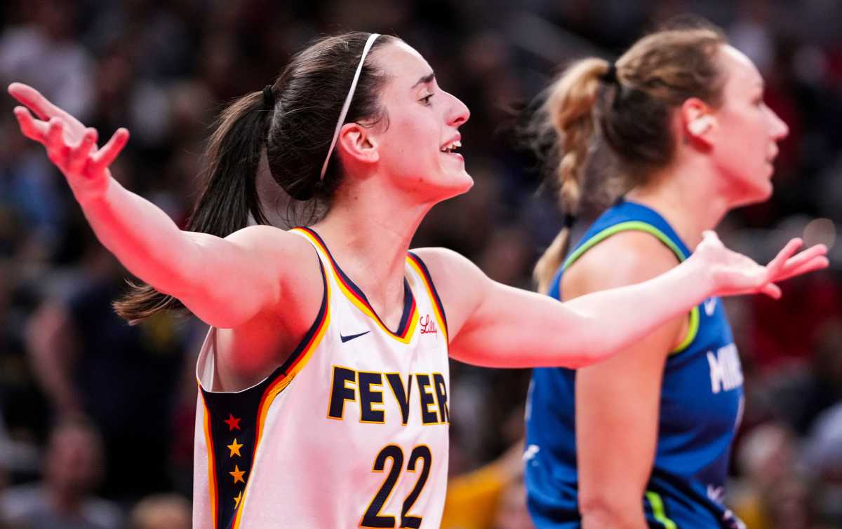 Indiana Fever guard Caitlin Clark (22) reacts to a call Friday, Sept. 6, 2024, during a game between the Indiana Fever and the Minnesota Lynx