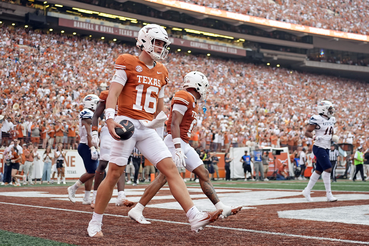 Sep 14, 2024; Austin, Texas, USA; Texas Longhorns quarterback Arch Manning (16) reacts after scoring a touchdown during the first half against the Texas-San Antonio Roadrunners at Darrell K Royal-Texas Memorial Stadium.