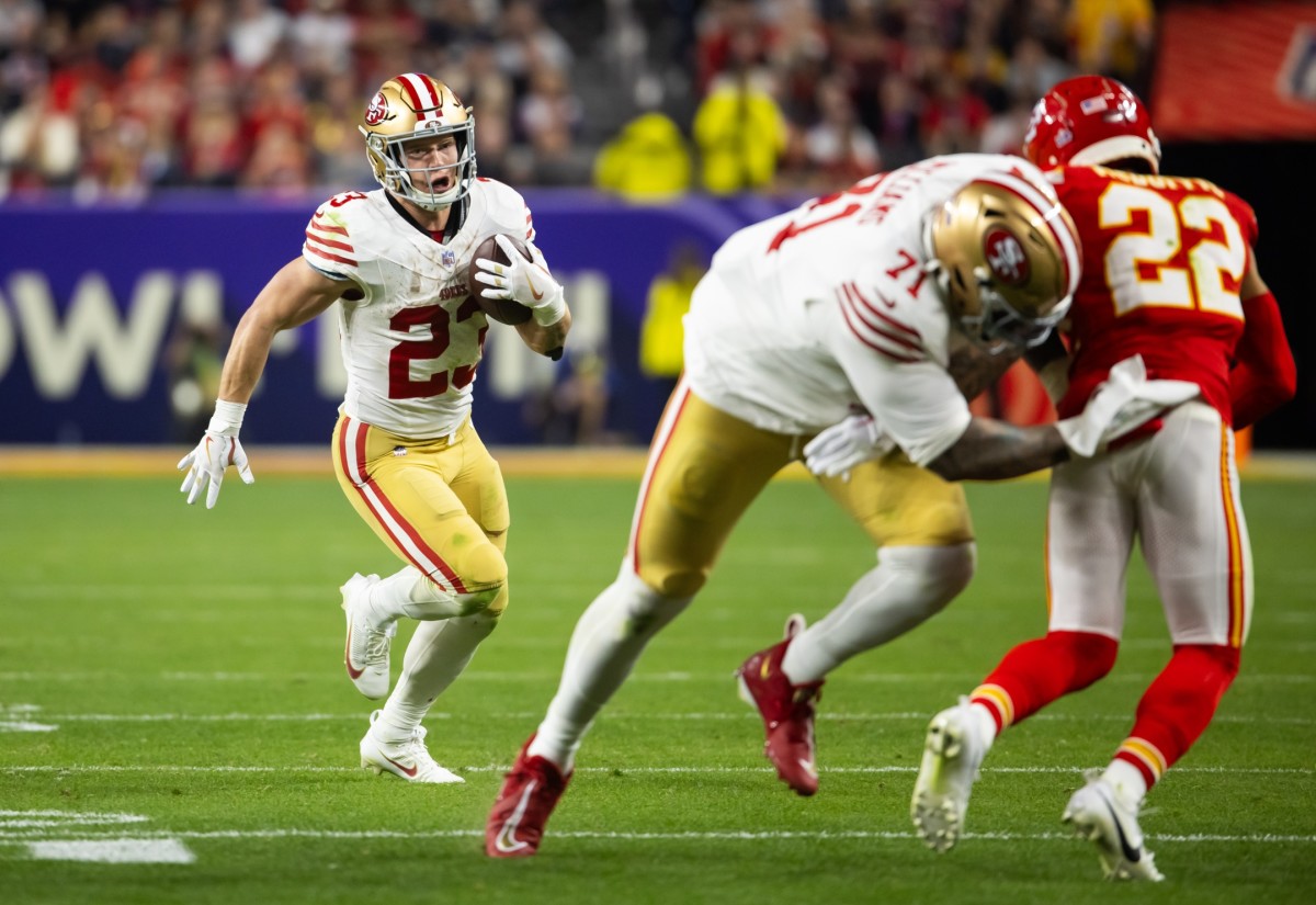 Paradise, Nevada, USA; San Francisco 49ers running back Christian McCaffrey (23) against the Kansas City Chiefs in Super Bowl LVIII at Allegiant Stadium - Mark J. Rebilas-Imagn Images