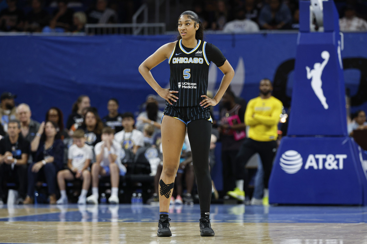 Chicago Sky forward Angel Reese (5) looks on during the first half of a basketball game against the Las Vegas Aces at Wintrust Arena.