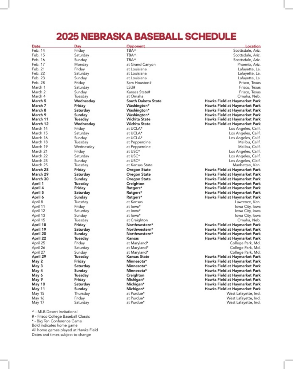 Ne Men S Baseball Printable Schedule