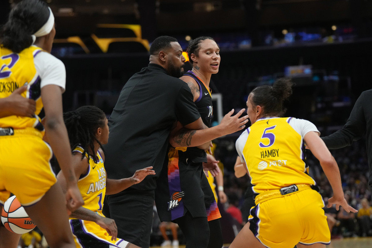 Phoenix Mercury center Brittney Griner (42) LA Sparks forward Rickea Jackson (2)