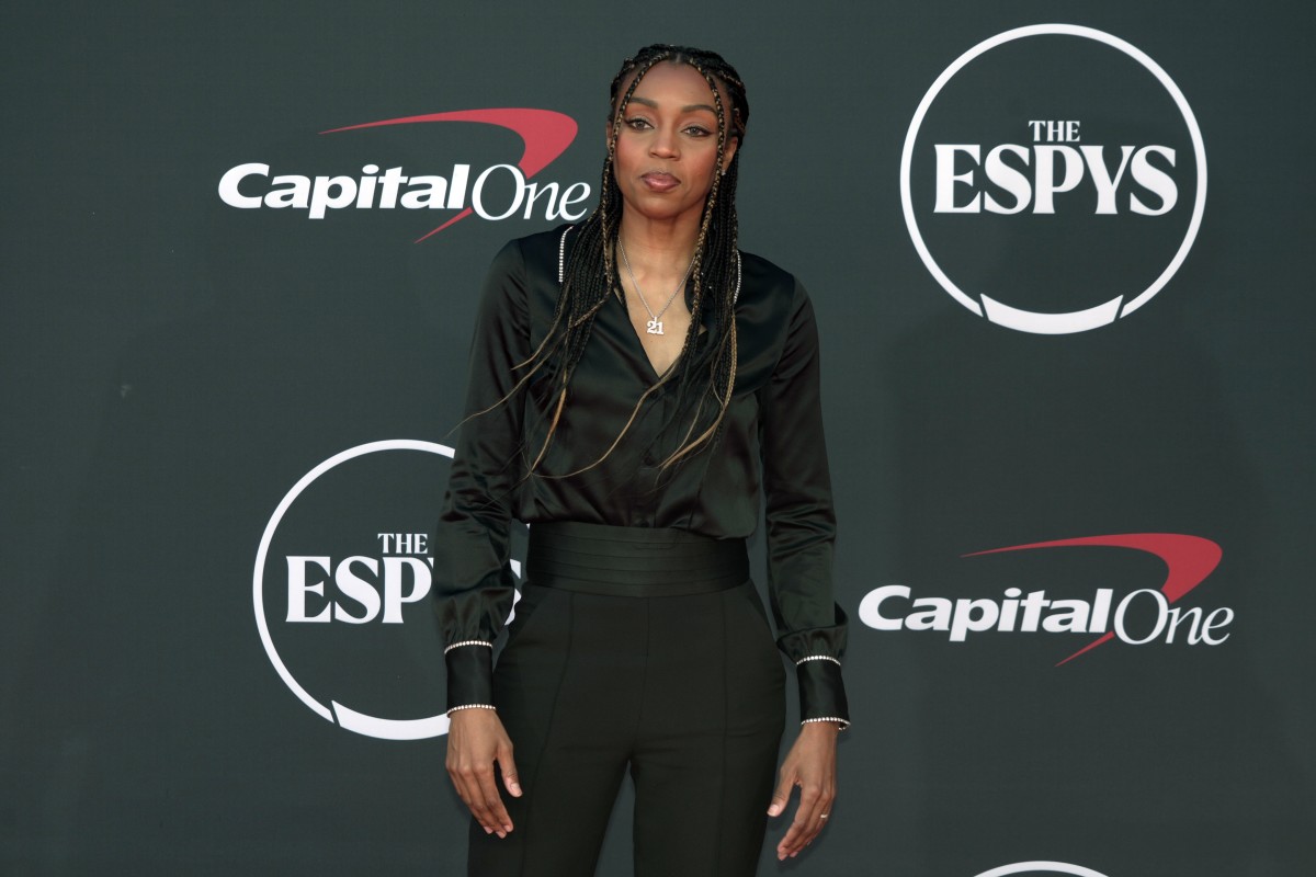 Former WNBA player Renee Montgomery arrives on the red carpet before the 2023 ESPYS.