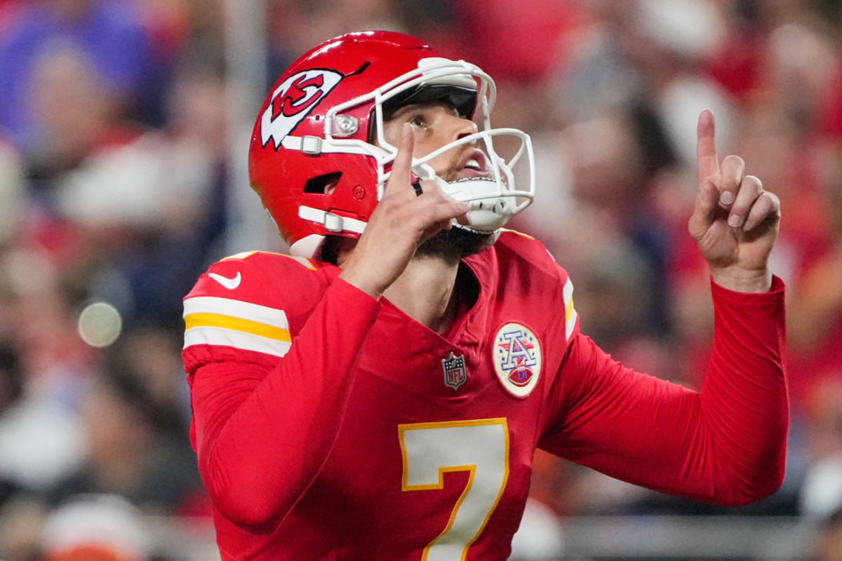 Kansas City Chiefs kicker Harrison Butker at Arrowhead Stadium on August 22, 2024.