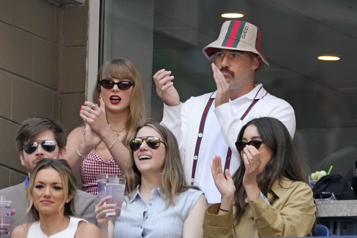 Sep 8, 2024; Flushing, NY, USA; Recording artist Taylor Swift and Kansas City Chiefs tight end Travis Kelce look on in the men’s singles final of the 2024 U.S. Open tennis tournament at USTA Billie Jean King National Tennis Center.