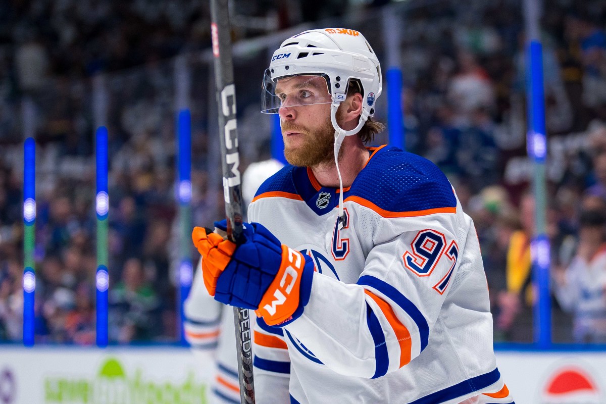 Edmonton Oilers forward Connor McDavid (97) skates in warm-up prior to a postseason game.