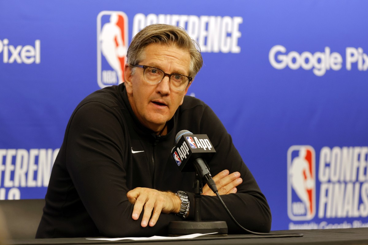 May 22, 2024; Minneapolis, Minnesota, USA; Minnesota Timberwolves head coach Chris Finch speaks in a press conference after the game against the Dallas Mavericks during game one of the western conference finals for the 2024 NBA playoffs at Target Center.