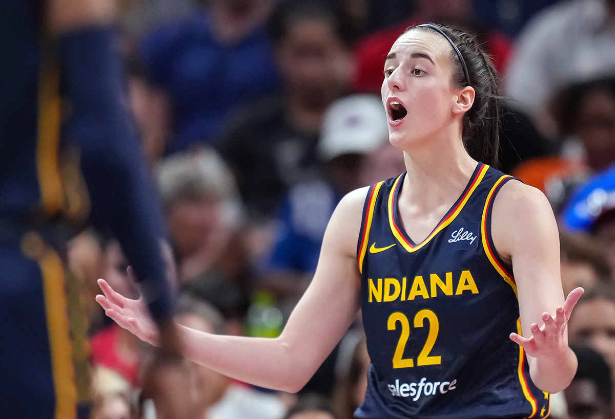 Sep 15, 2024; Indianapolis, Indiana, USA; Indiana Fever guard Caitlin Clark (22) reacts to a call from the referee at Gainbridge Fieldhouse.