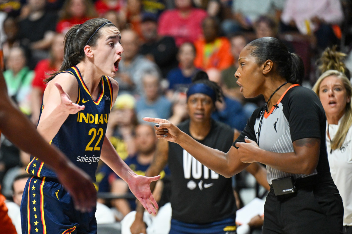 Sep 22, 2024; Uncasville, Connecticut, USA; Indiana Fever guard Caitlin Clark (22) receives a technical foul during the second quarter during game one of the first round of the 2024 WNBA Playoffs at Mohegan Sun Arena