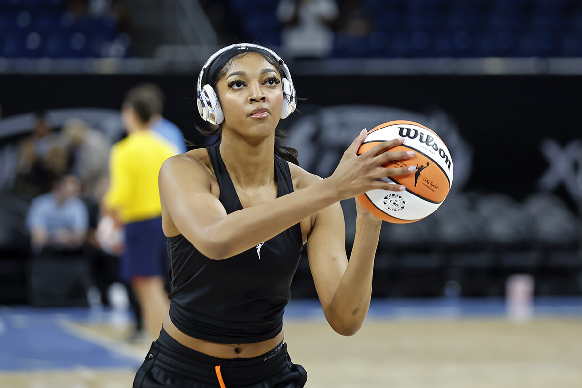 Jun 23, 2024; Chicago, Illinois, USA; Chicago Sky forward Angel Reese (5) warms up before a basketball game against the Indiana Fever at Wintrust Arena.