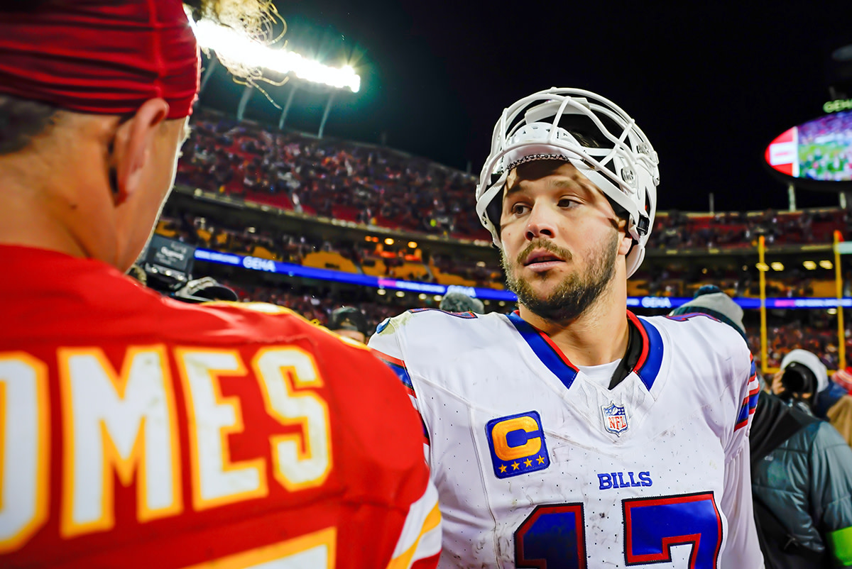 Dec 10, 2023; Kansas City, Missouri, USA; Buffalo Bills quarterback Josh Allen (17) talks with Kansas City Chiefs quarterback Patrick Mahomes (15) after a game at GEHA Field at Arrowhead Stadium.