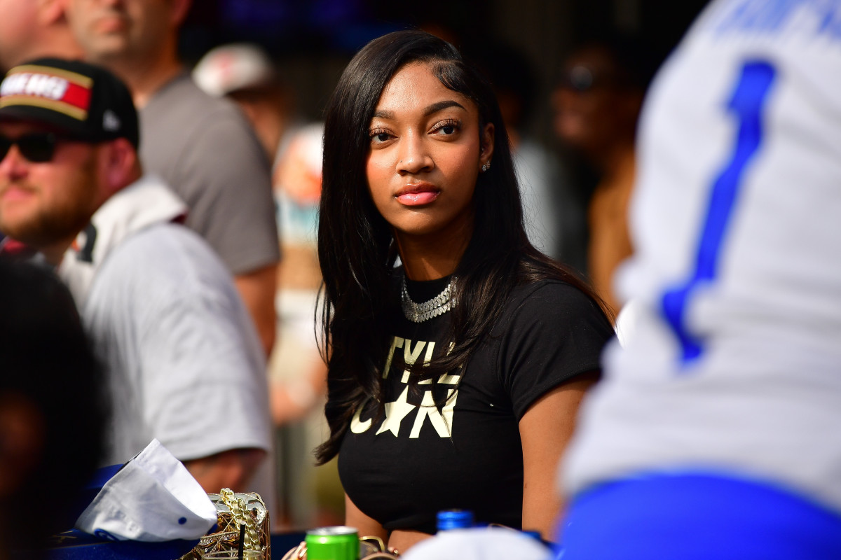 WNBA basketball player Angel Reese attends the game between the Los Angeles Rams and San Francisco 49ers at SoFi Stadium.