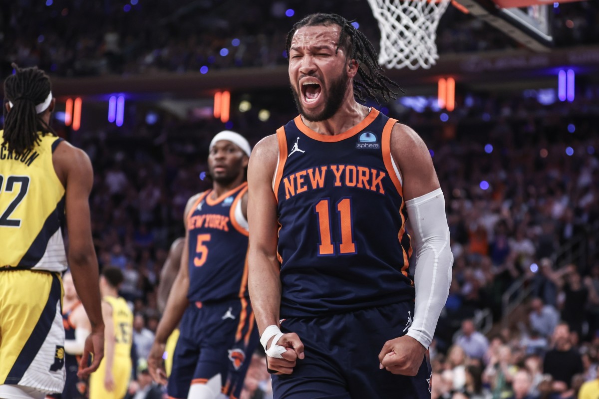 New York Knicks guard Jalen Brunson celebrates after scoring against the Indiana Pacers in Game 2 of their NBA Eastern Conference semifinal series at Madison Square Garden on May 8, 2024.