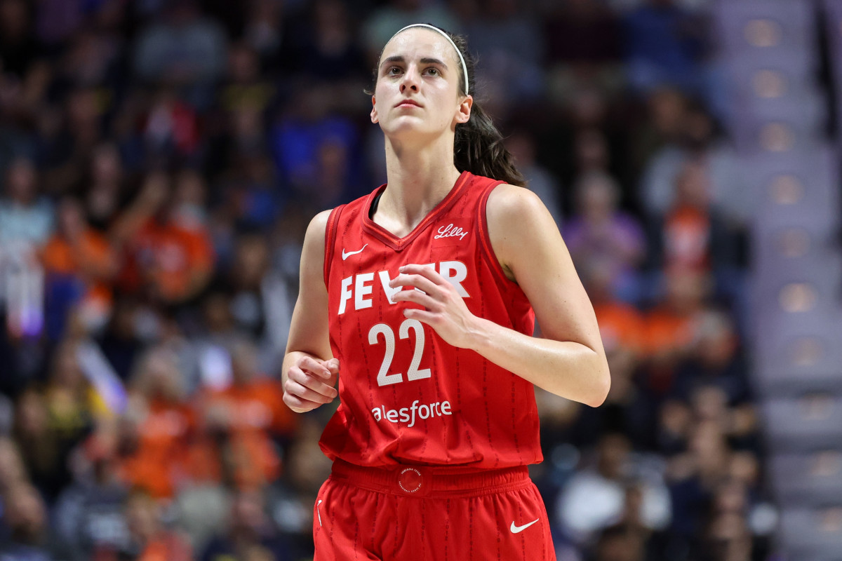 Indiana Fever guard Caitlin Clark (22) reacts during the first half against the Connecticut Sun during game two of the first round of the 2024 WNBA Playoffs at Mohegan Sun Arena.