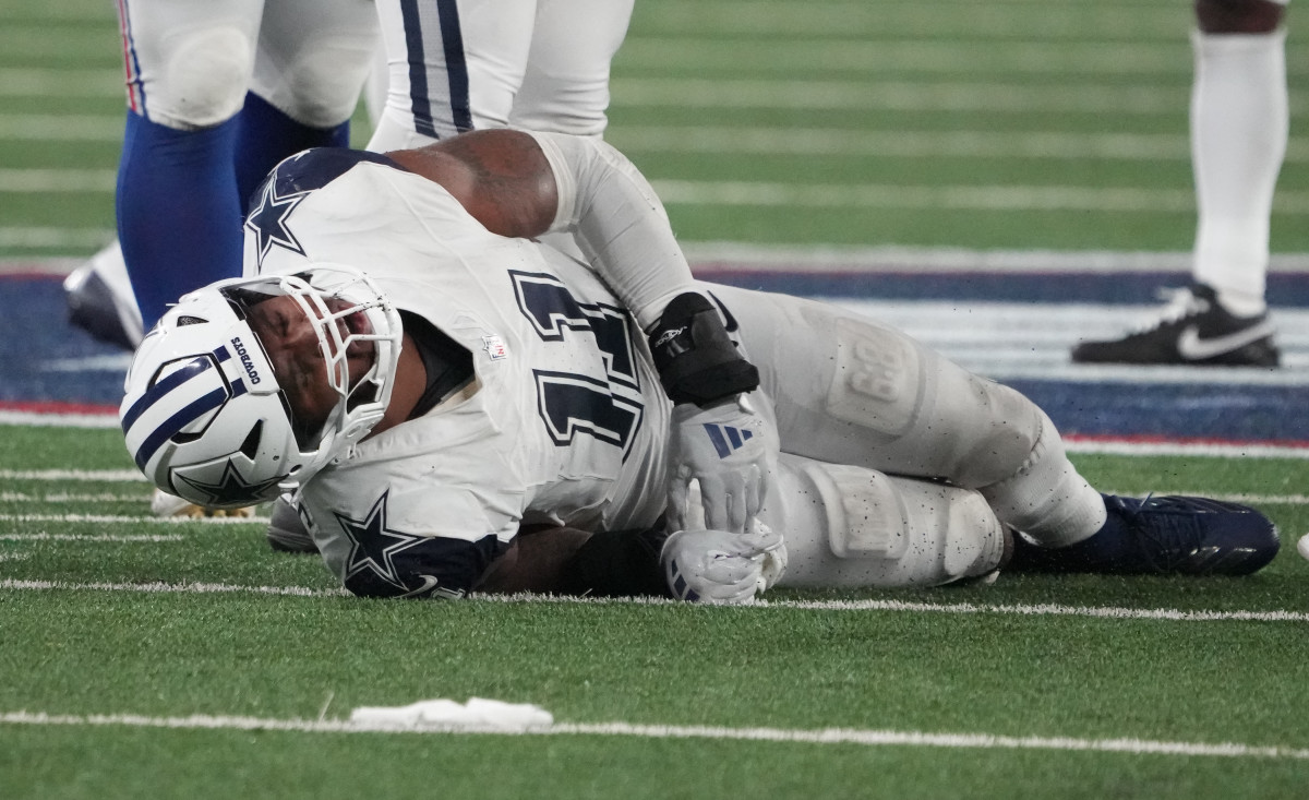 Sep 26, 2024; East Rutherford, New Jersey, USA; Dallas Cowboys linebacker Micah Parsons (11) injured in the second half against the New York Giants at MetLife Stadium.