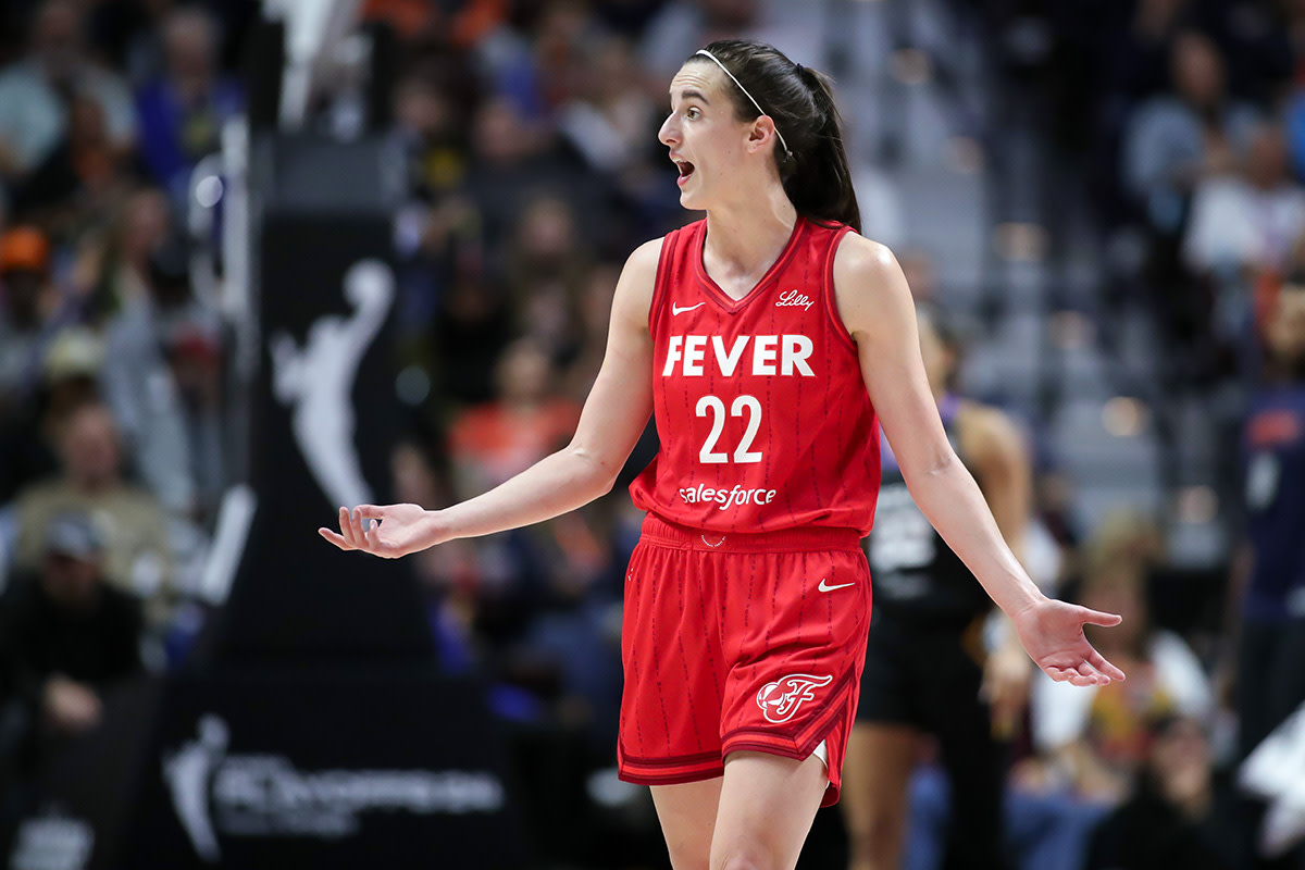 Sep 25, 2024; Uncasville, Connecticut, USA; Indiana Fever guard Caitlin Clark (22) reacts during the second half against the Connecticut Sun during game two of the first round of the 2024 WNBA Playoffs at Mohegan Sun Arena.