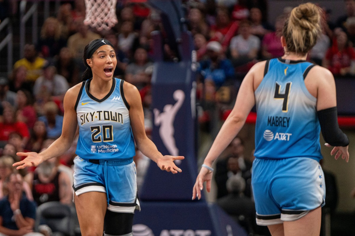 Chicago Sky forward Isabelle Harrison (20) reacts after a foul is called.