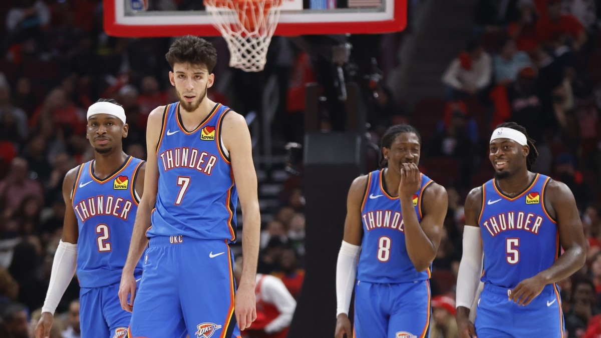 Oklahoma City Thunder guard Shai Gilgeous-Alexander (2), forward Chet Holmgren (7), forward Jalen Williams (8), guard Luguentz Dort 