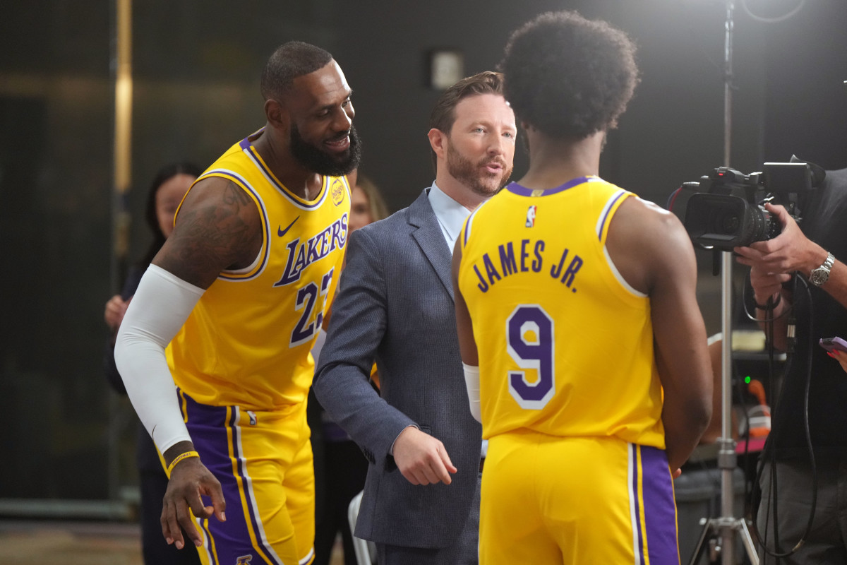 Los Angeles Lakers forward LeBron James and son Bronny James during media day.