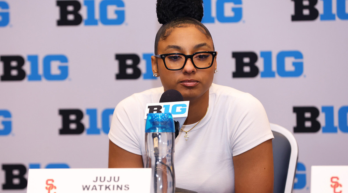 USC guard JuJu Watkins takes a question during the 2024 Big Ten women’s basketball media day in Rosemont, Illinois, on Oct. 2, 2024.