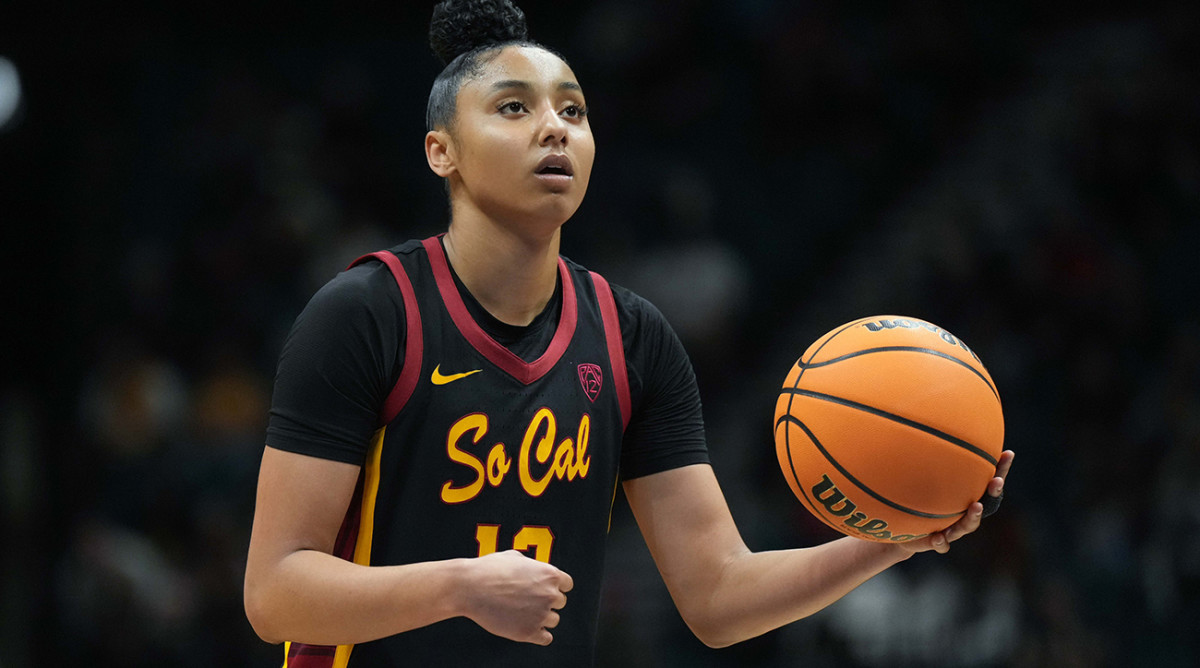 Southern California Trojans guard JuJu Watkins shoots a free throw against the Stanford Cardinal in the Pac-12 Tournament championship game at MGM Grand Garden Arena on March 10, 2024.