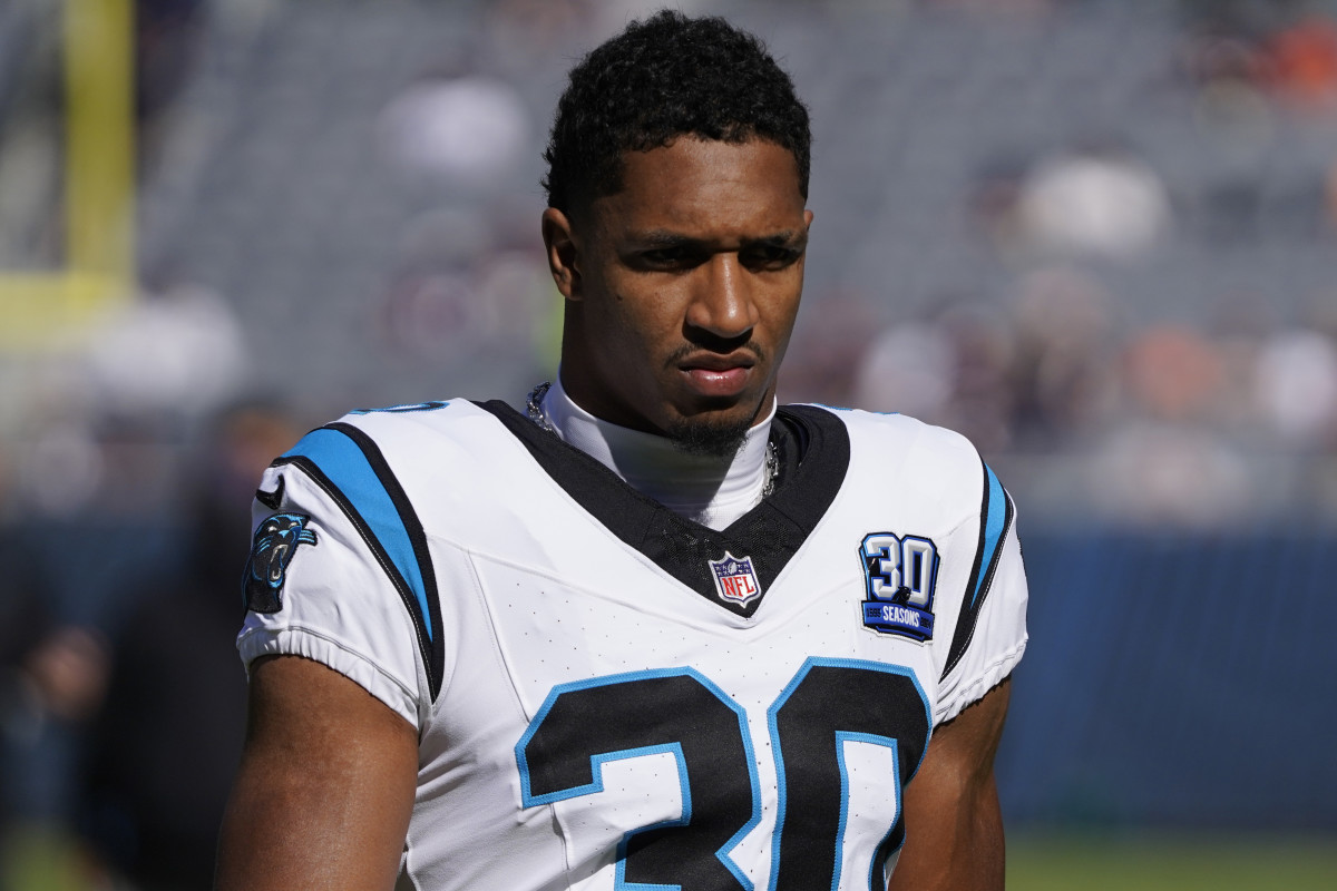 Carolina Panthers running back Chuba Hubbard (30) during warmups before a game against the Chicago Bears at Soldier Field.