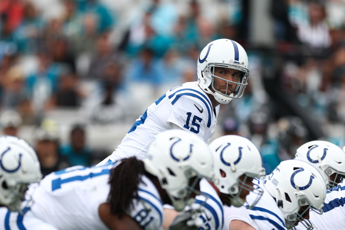 Oct 6, 2024; Jacksonville, Florida, USA; Indianapolis Colts quarterback Joe Flacco (15) lines up against the Jacksonville Jaguars in the first quarter at EverBank Stadium. Mandatory Credit: Nathan Ray Seebeck-Imagn Images