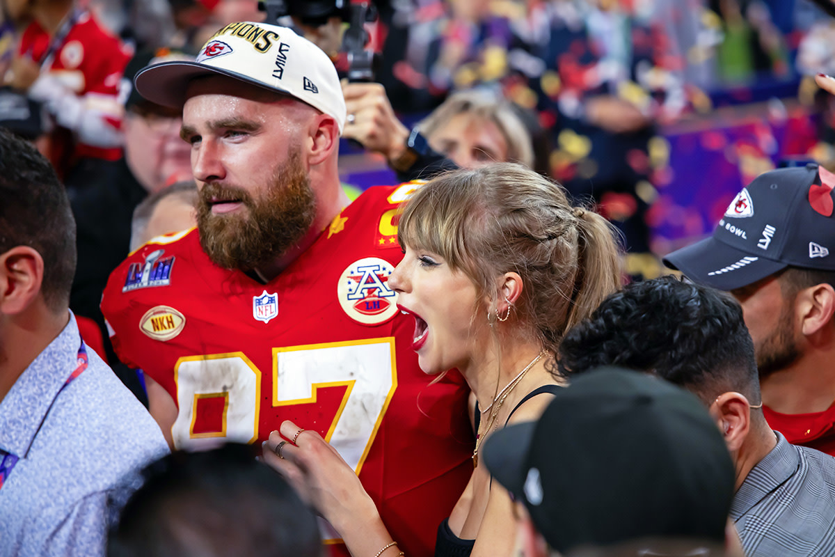 Travis Kelce and Taylor Swift celebrate the 2024 Super Bowl at Allegiant Stadium.