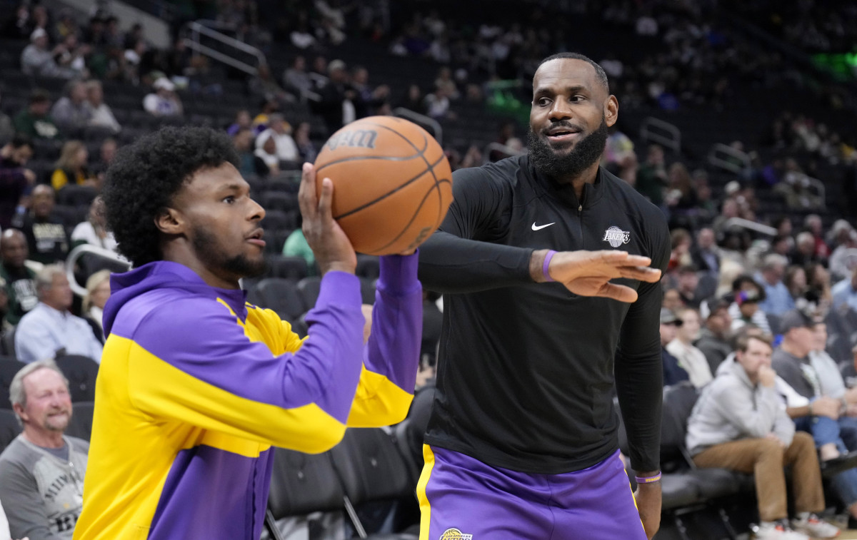 LeBron James and Bronny James of the Lakers