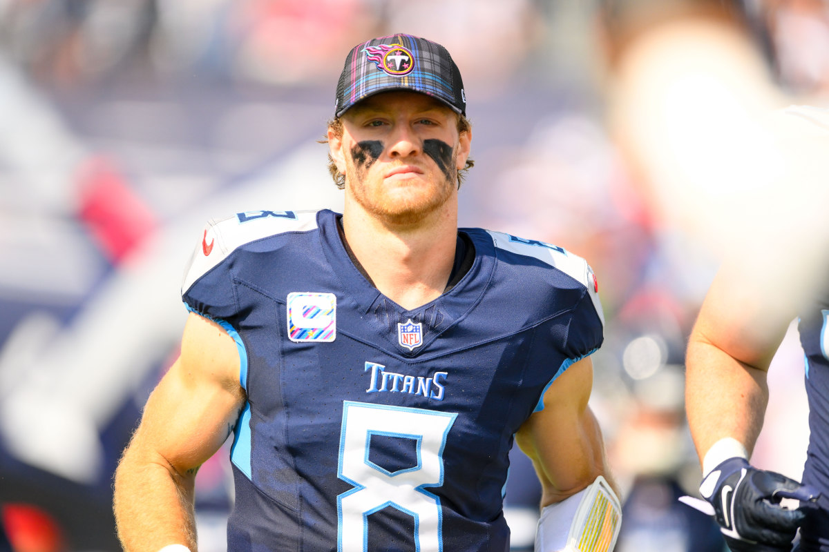 Oct 13, 2024; Nashville, Tennessee, USA; Tennessee Titans Will Levis (8) takes the field against the Indianapolis Colts during the first half at Nissan Stadium. Mandatory Credit: Steve Roberts-Imagn Images